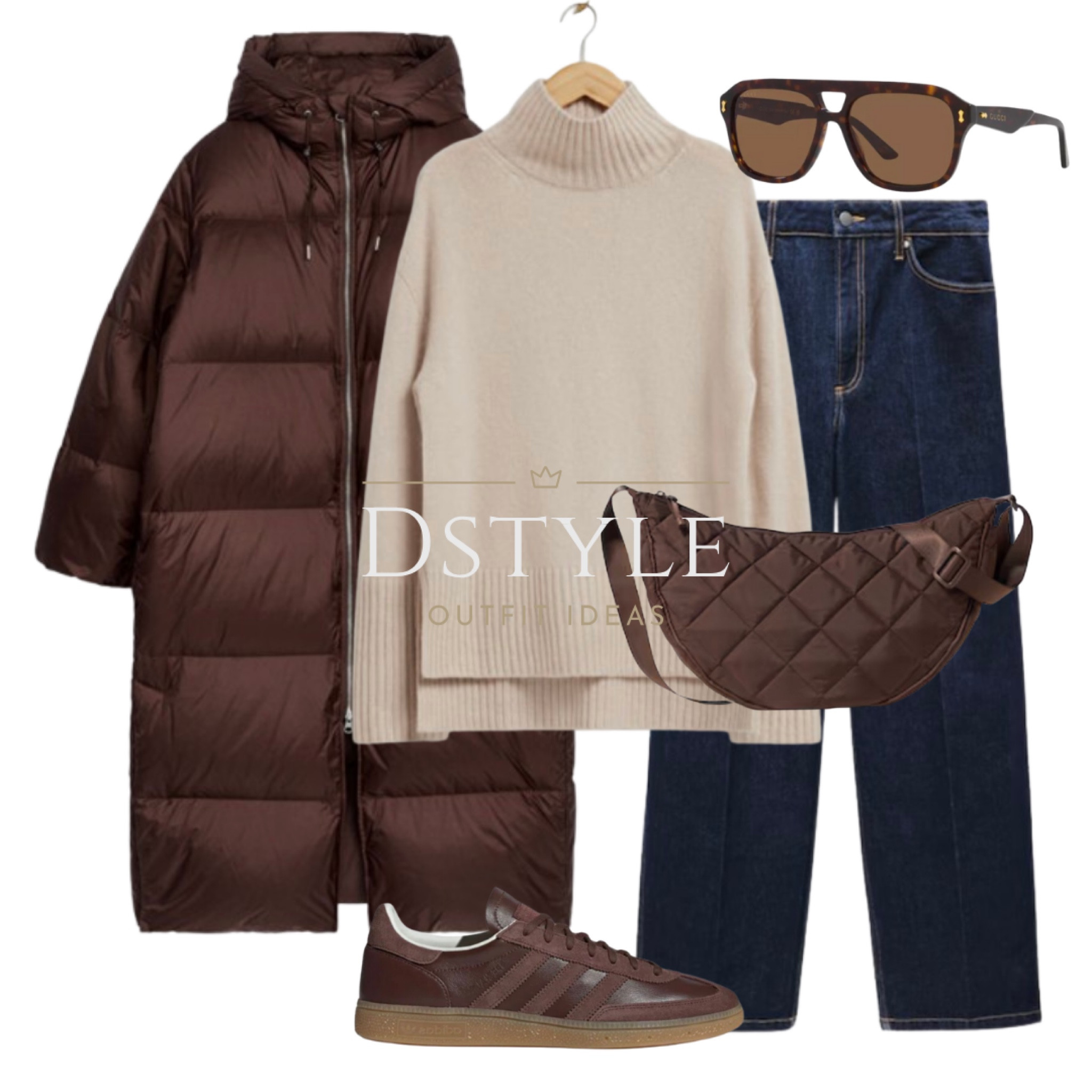  Dark brown jacket, down ling coat, beige mock neck sweater, dark blue wide leg jeans, brown Adidas Spezial sneakers/trainers, dark brown quilted shoulder bag, sunglasses
 

#LTKItBag #LTKSeasonal #LTKShoeCrush