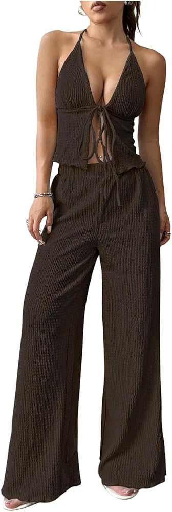 WDIRARA Women's 2 Piece Camisole Pants Set Tie Front Halter Top Wide Leg Pant Casual Summer Outfi... | Amazon (US)