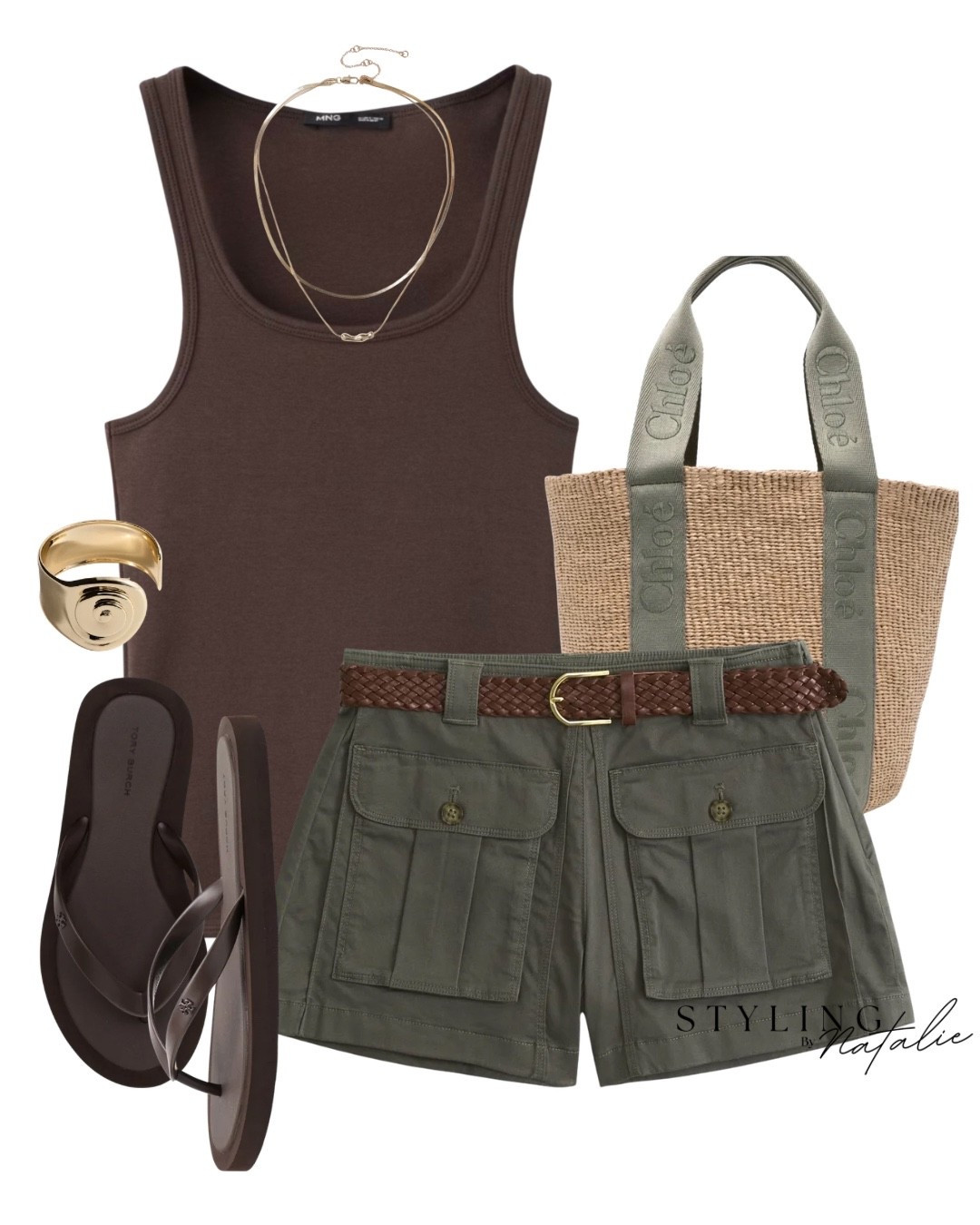 Summer heatwave styling ❤️‍🔥🌟Cargo shorts, brown fitted tank vest top, padded flip flops, Chloe basket tote bag and good arm cuff and jewellery. 
Everyday wear, Tory Burch, Abercrombie, sandals, belted shirts, brown and green outfit.

#LTKsummer #LTKuk #LTKeurope