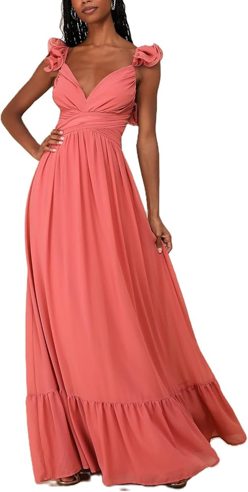 Women Floral Printed Ruffle Hem Maxi Dress Cap Sleeve V Neck Criss Cross Tie Back Long Dress Summ... | Amazon (US)