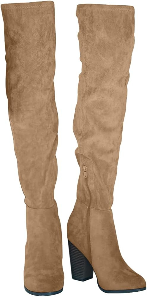 VETASTE Women's Faux Suede Over the Knee Boots Side Zipper Chunky Heel Wide Calf Boot | Amazon (US)
