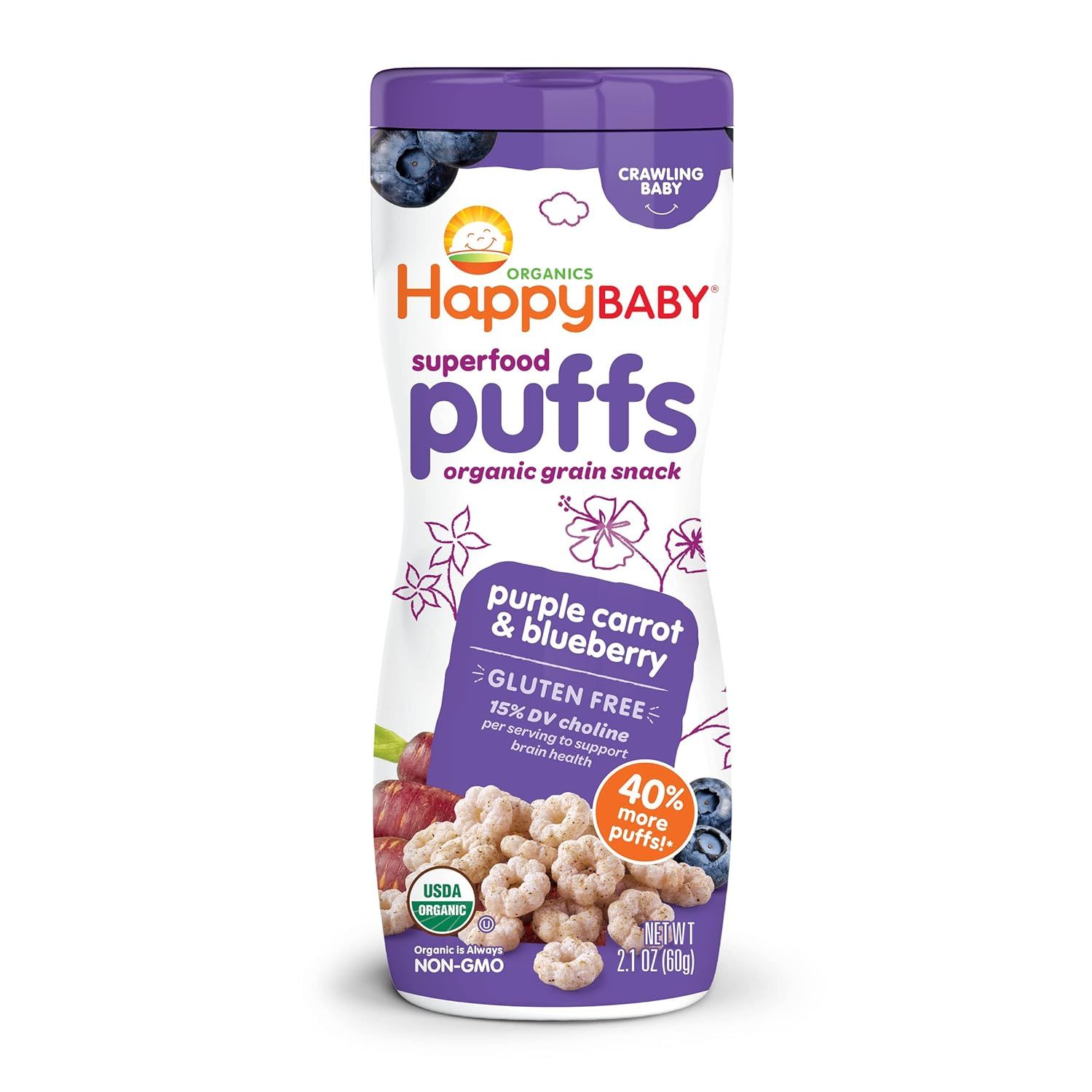 Happy Baby Organics Superfood Puffs, Purple Carrot & Blueberry, 2.1 Ounce (Pack of 6) packaging m... | Amazon (US)