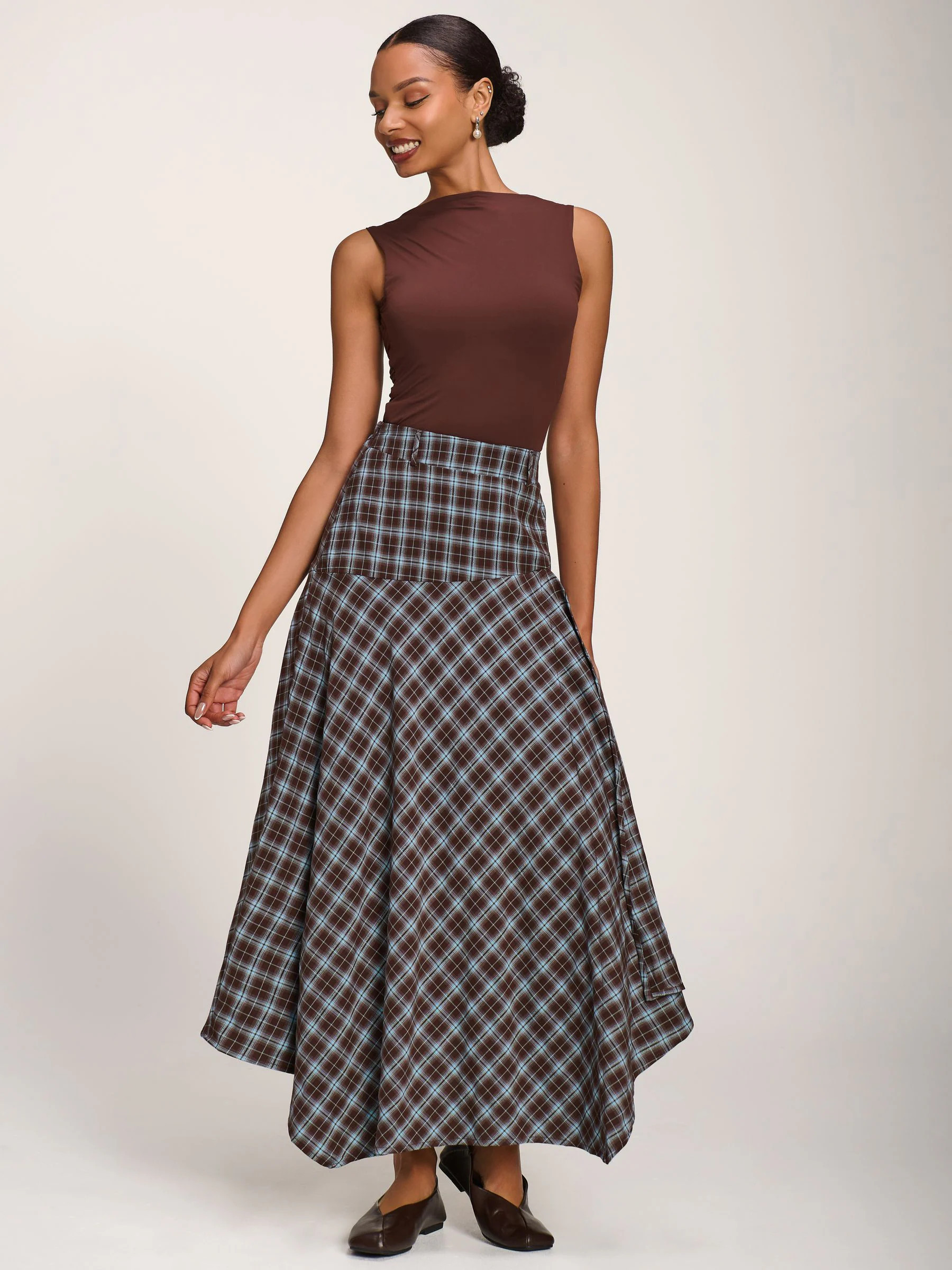 Jolie Moi Jolie Moi Brown Plaid Asymmetric Maxi Skirt | Next US