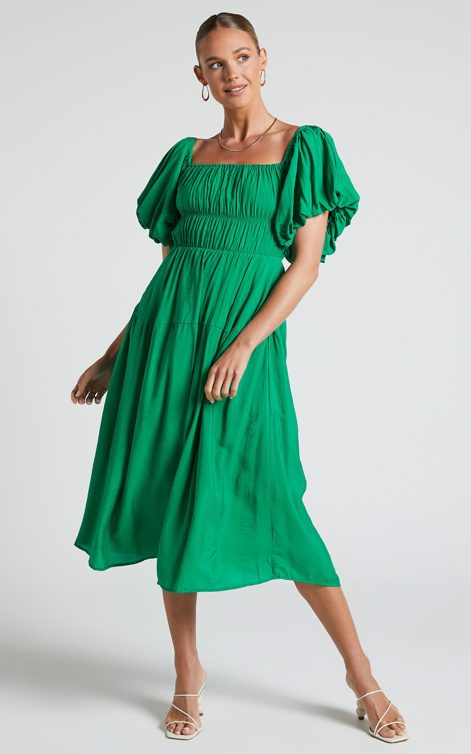 Peyton Midi Dress - Off Shoulder Puff Sleeve Tiered Dress in Green | Showpo (US, UK & Europe)