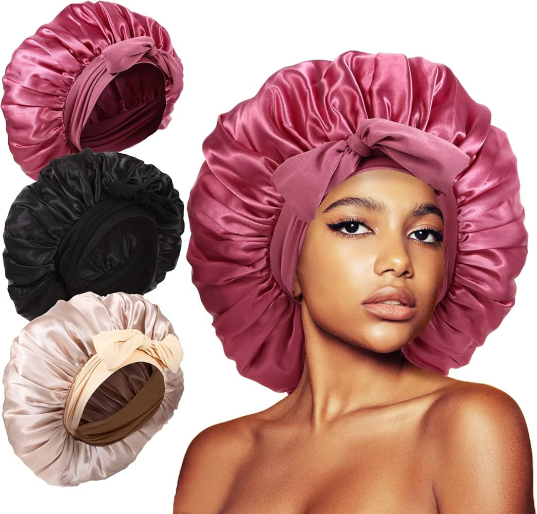 3Pcs Bonnets for Sleeping, Extra Satin Silk Bonnet for Sleeping Women with Tie Band for Curly Hai... | Amazon (US)