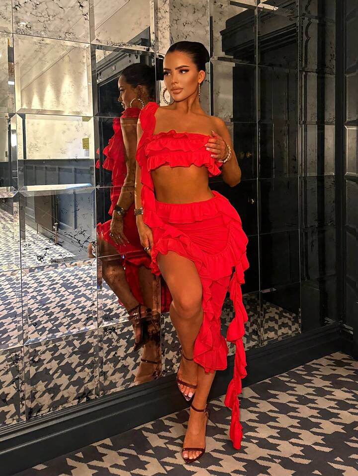 Ruffle Trim Top & Skirt Set | SHEIN
