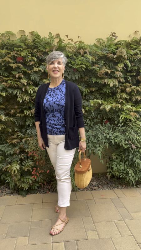 Great spring break look!  Pair white cropped @talbots jeans 👖 with an @talbots print knit top and girlfriend cardigan. Add nude flat sandals and a terrific @jmclaughlin wicker bag.  The earrings also coordinate and are a terrific buy from @amazonfashion.
#ltkunder50
#ltkover50
#springbreaklooks
#cutespringbreakoutfits


#LTKitbag #LTKSeasonal #LTKfindsunder100