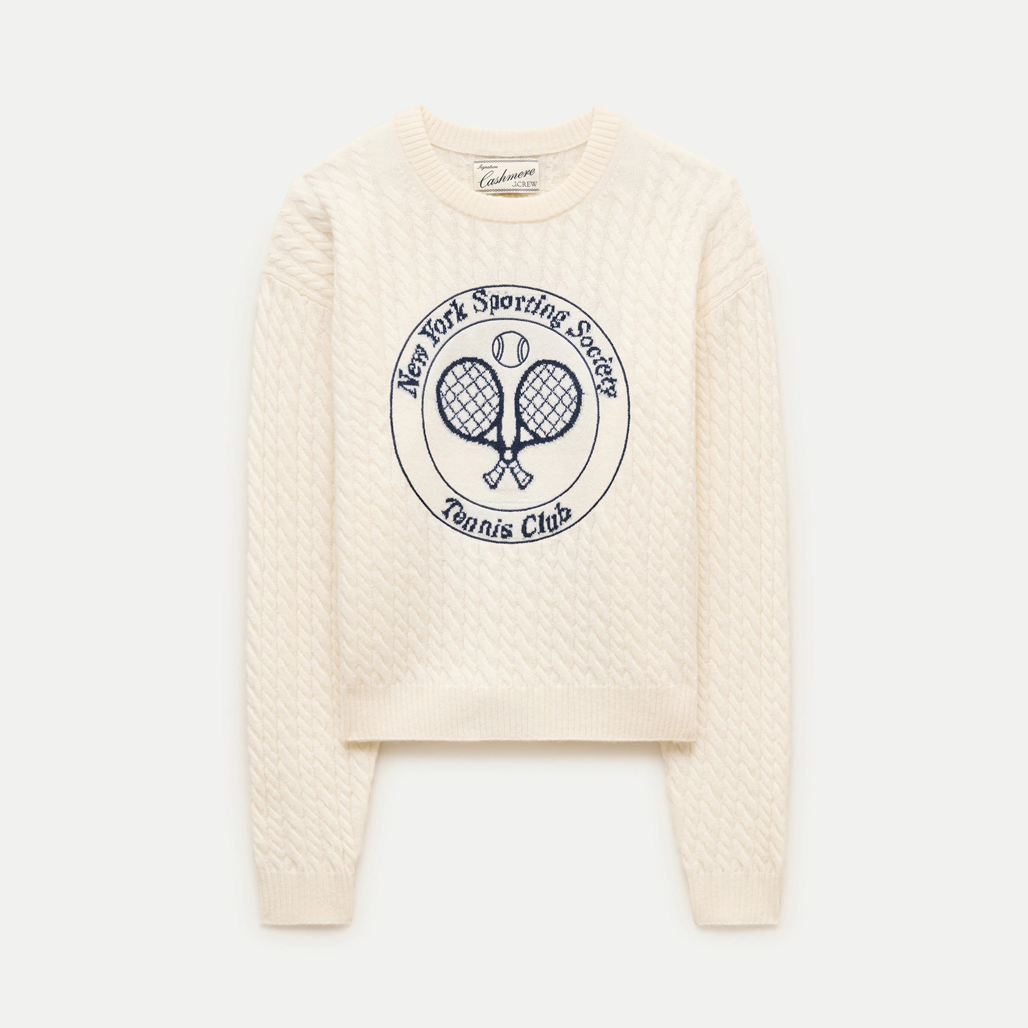 Perfect cashmere cable-knit crewneck with "Tennis Club"  intarsia | J. Crew US