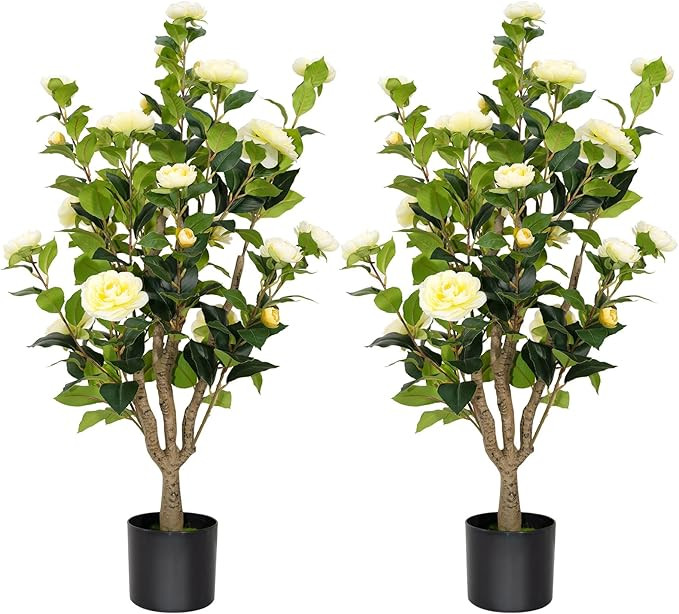 2 Pack 3FT Artificial Camellia Tree Fake Outdoor Tree with 28Blooming Flowers Yellow Tree for Hom... | Amazon (US)