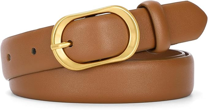 SANSTHS Women Belt for Jeans with Gold Oval Buckle, Thin Belt for Dresses Pants, Adjustable Waist... | Amazon (US)