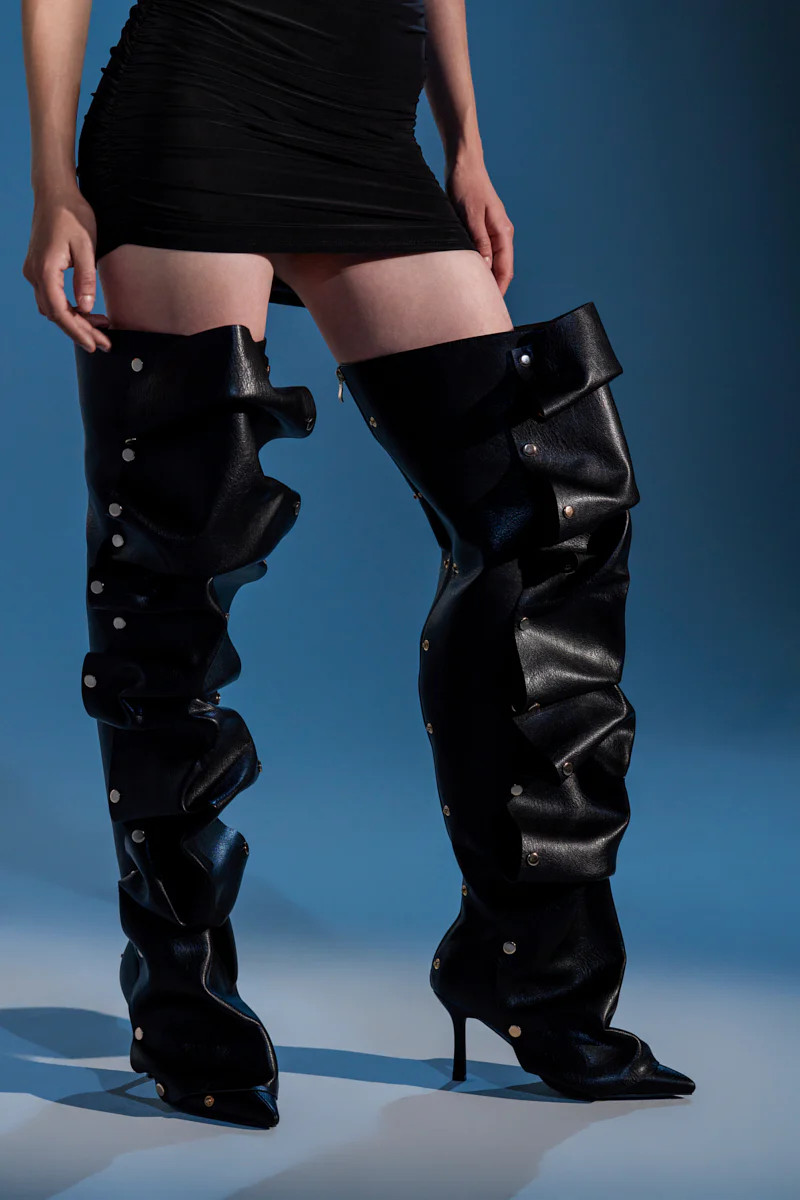 AZALEA WANG SWELCIE BLACK PU GOLD HARDWARE STILETTO BOOT | AKIRA
