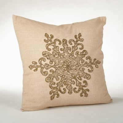 18"x18" Snowflake Design Beaded Pillow Down Filled Bronze - Saro Lifestyle: Cotton Cover, Duck Feather, Zippered | Target
