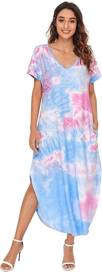 MakeMeChic Women's Boho Casual Maxi Short Sleeve Split Tie Dye Long Dress with Pockets | Amazon (US)