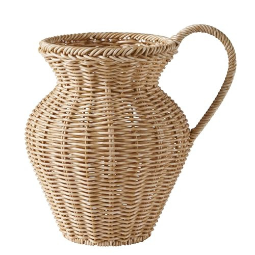 9 Inch Faux Wood Rattan Pitcher Vase - Decorative Flower Vase for Home Living Room, Dining Table & Shelf Display | Amazon (US)