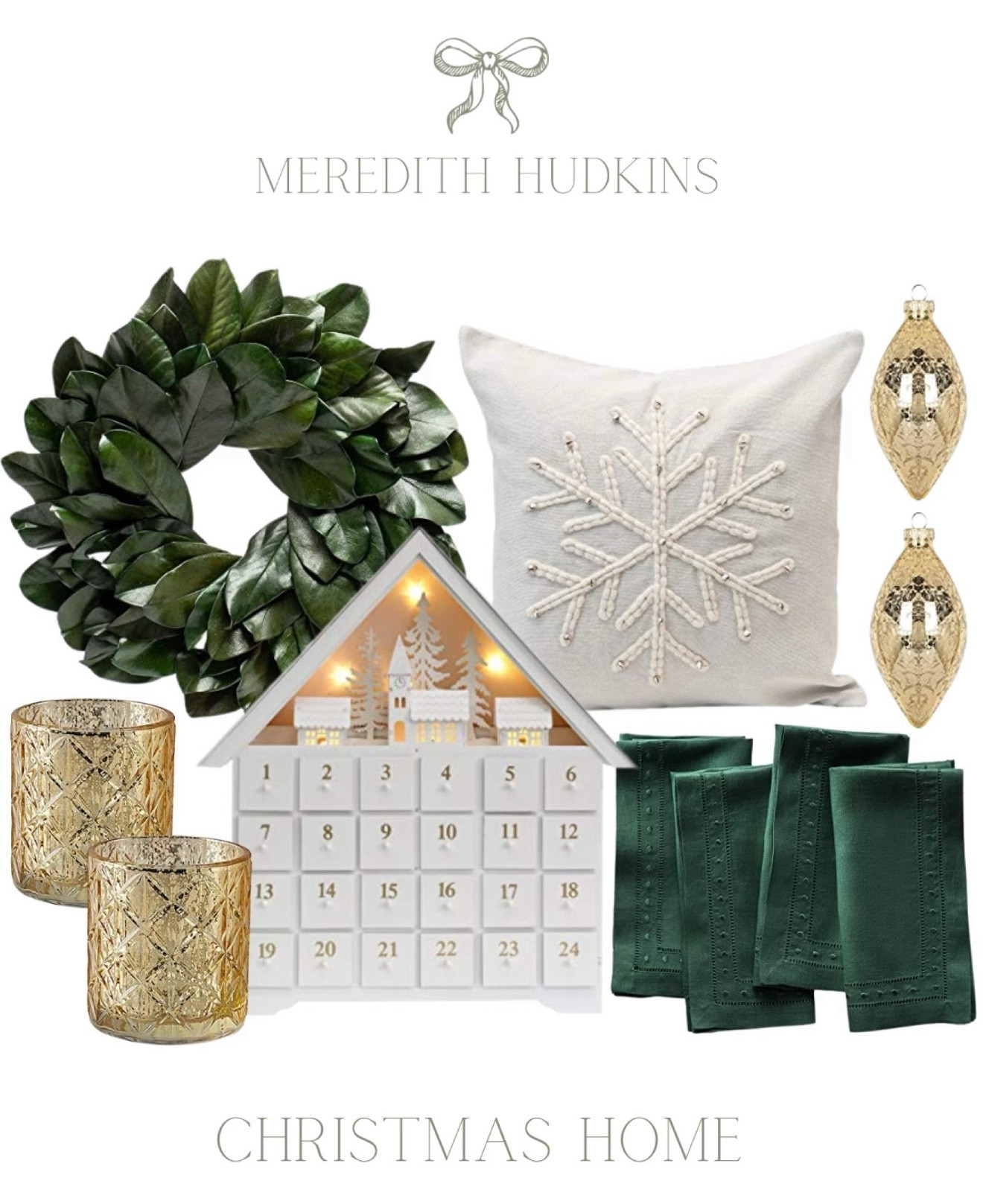 Christmas decorations, home decor, preppy, classic, traditional, holiday decor, traditional Christmas decor, advent calendar, magnolia wreath, Christmas wreath, front for wreath, gold ornaments, snowflake pillow, accent pillow, green cloth napkins 

#LTKHome #LTKStyleTip #LTKFindsUnder50
