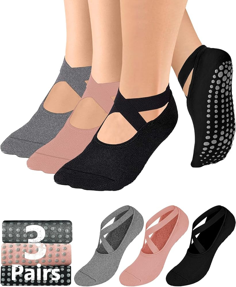 AURUZA Pilates Grip Socks for Women Non Slip Skid Yoga Socks with Grips Straps for Ballet Dance W... | Amazon (US)