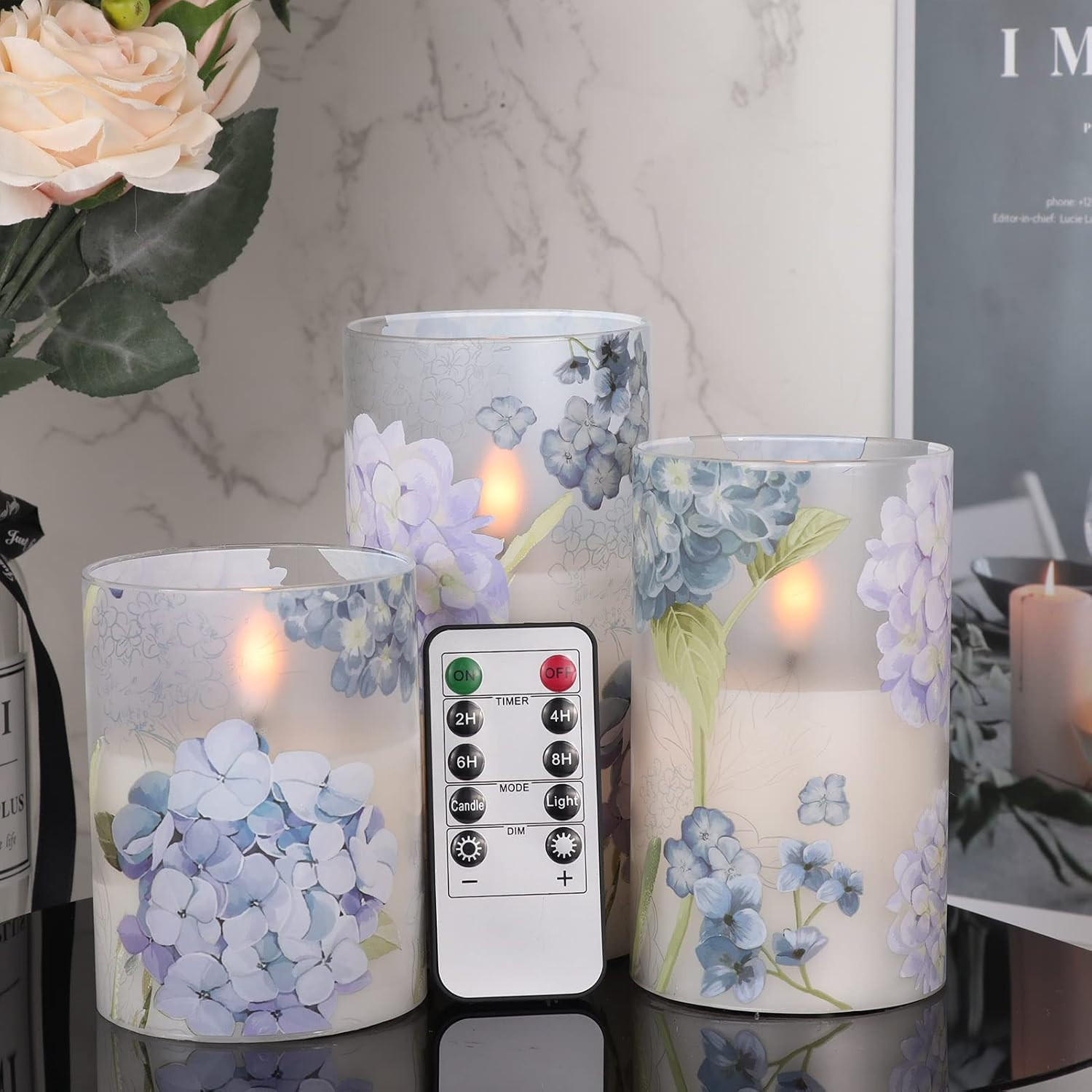 DRomance Hydrangea Glass Flameless Candles with Remote Timer Battery Operated LED Flickering Pill... | Amazon (US)