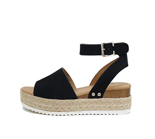 Soda Topic Open Toe Buckle Ankle Strap Espadrilles Flatform Wedge Casual Sandal (Black, 12) | Amazon (US)