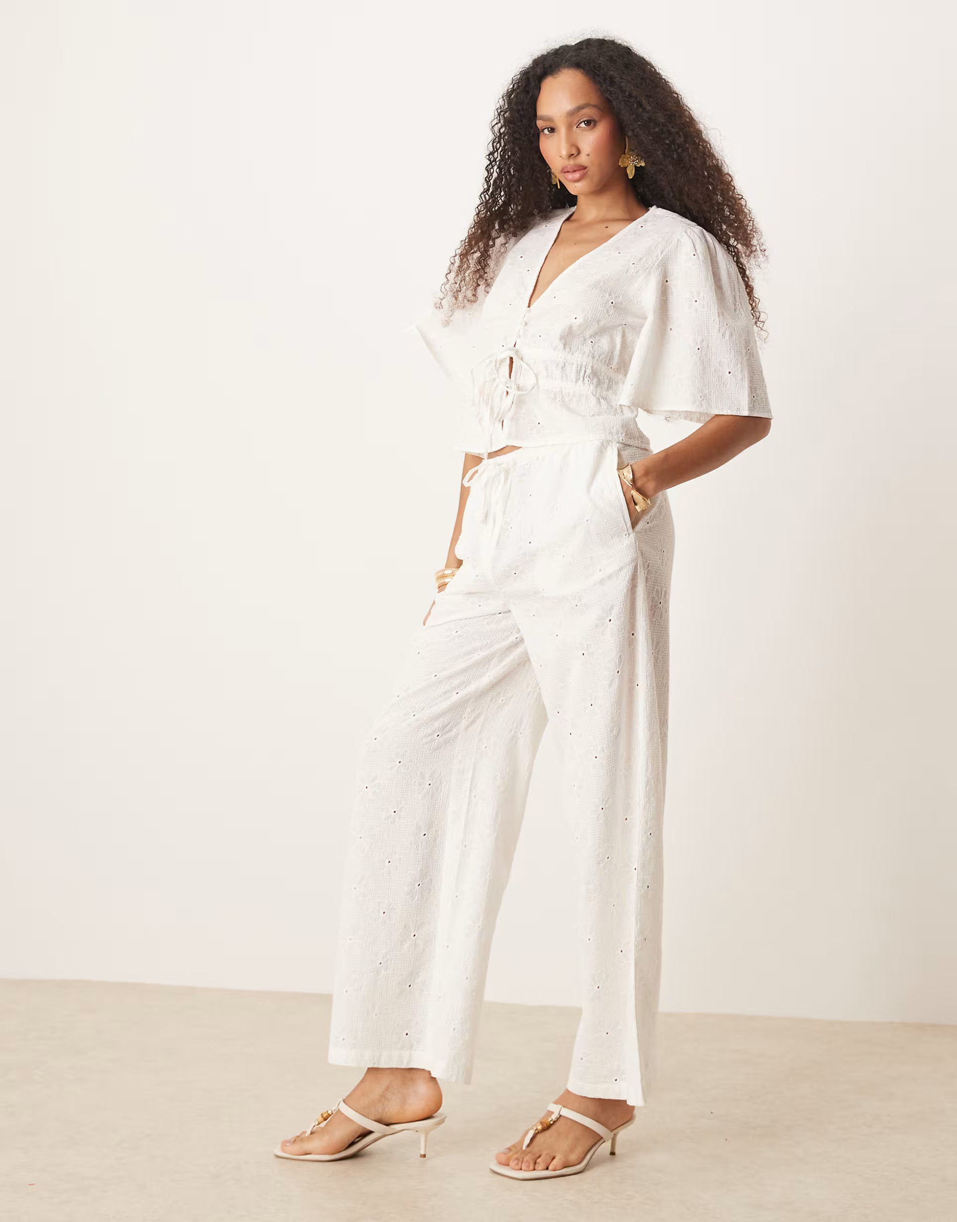 ASOS DESIGN floral embroidery tie front top co-ord in off white | ASOS | ASOS (Global)