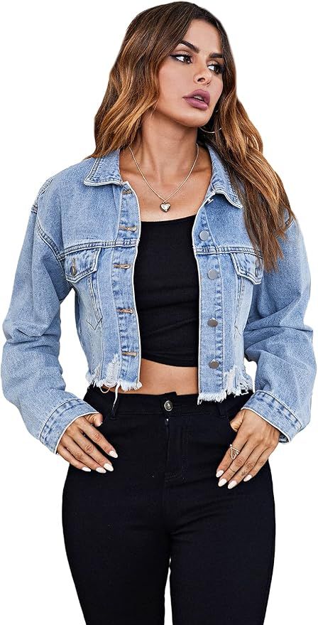 MakeMeChic Women's Cropped Jean Jacket Casual Long Sleeve Ripped Frayed Hem Denim Jacket | Amazon (US)