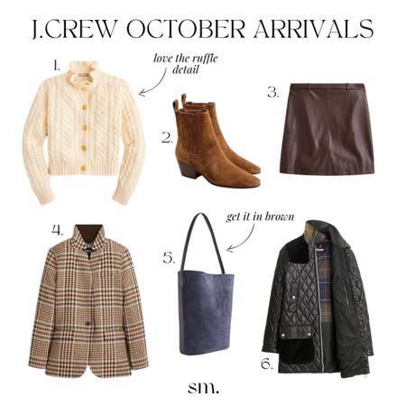J.Crew October Arrivals brown faux leather mini skirt, cream cable-knit ruffle neck cardigan, black Barbour Carlton quilt jacket, navy/ black leather and suede bucket bag, brown suede ankle boots, brown plaid double-faced wool blend blazer jacket


#LTKworkwear #LTKSeasonal