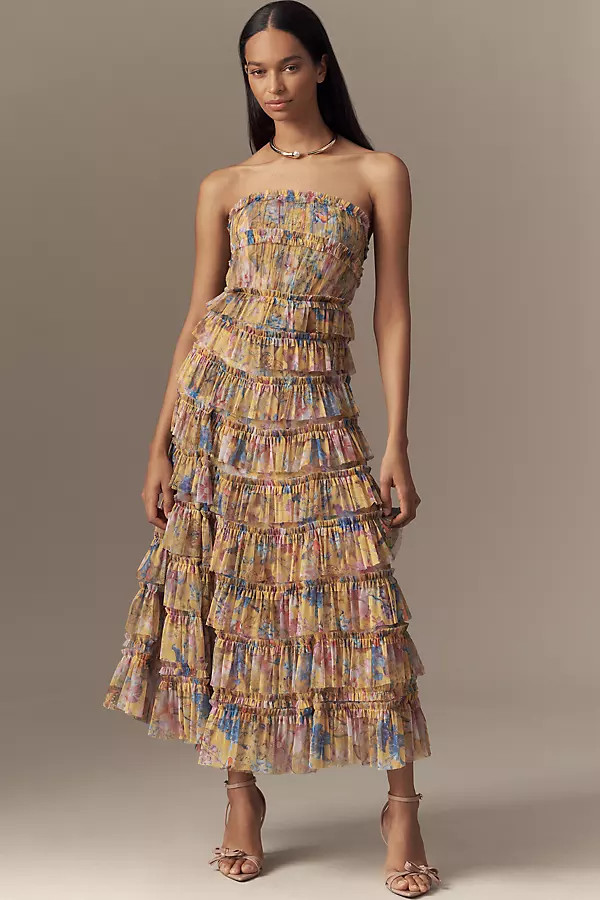 Mac Duggal Strapless Tiered Ruffled A-Line Midi Dress | Anthropologie (US)