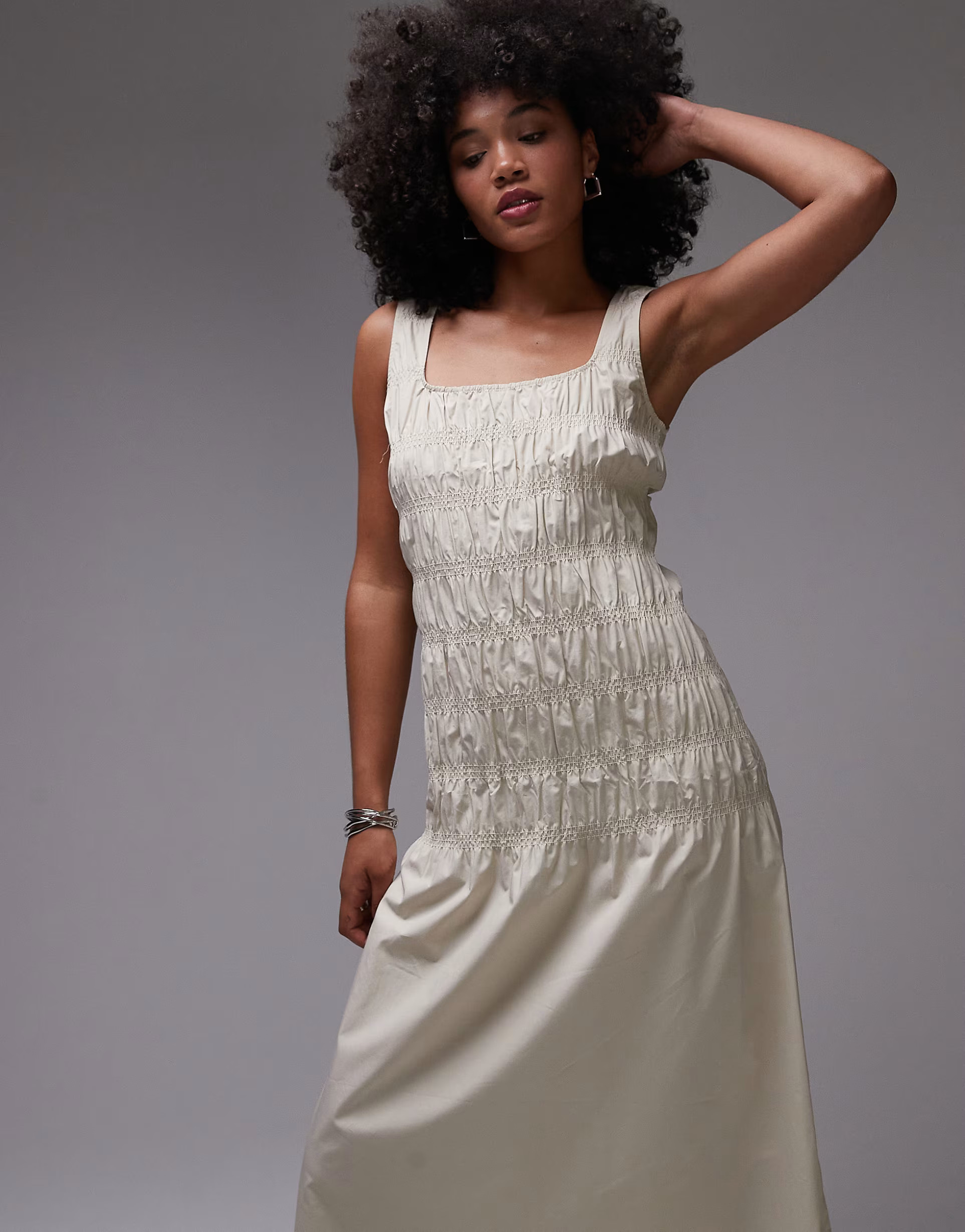 ARKET cotton rich midi dress with smocked bodice and drop waist in beige | ASOS | ASOS (Global)