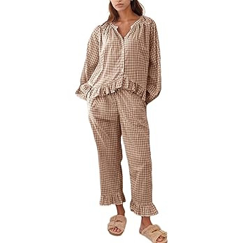 Flygo Womens Plaid Pajamas Sets 2 Piece Cotton Pj Set Puff Sleeve Ruffle Babydoll Shirt Gingham P... | Amazon (US)
