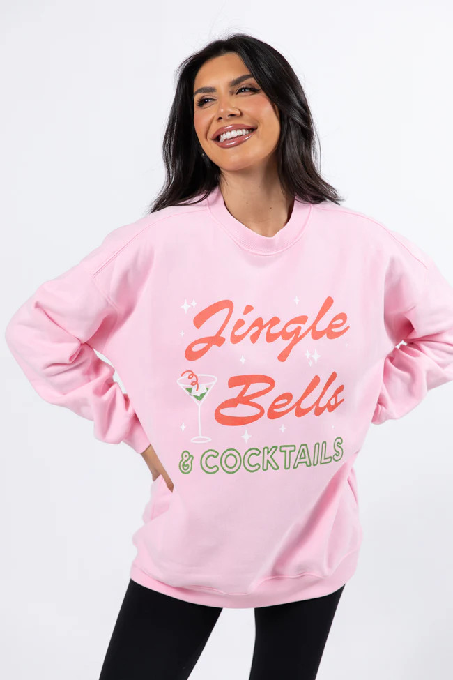 Jingle Bells And Cocktails Light Pink Oversized Graphic Sweatshirt | Pink Lily