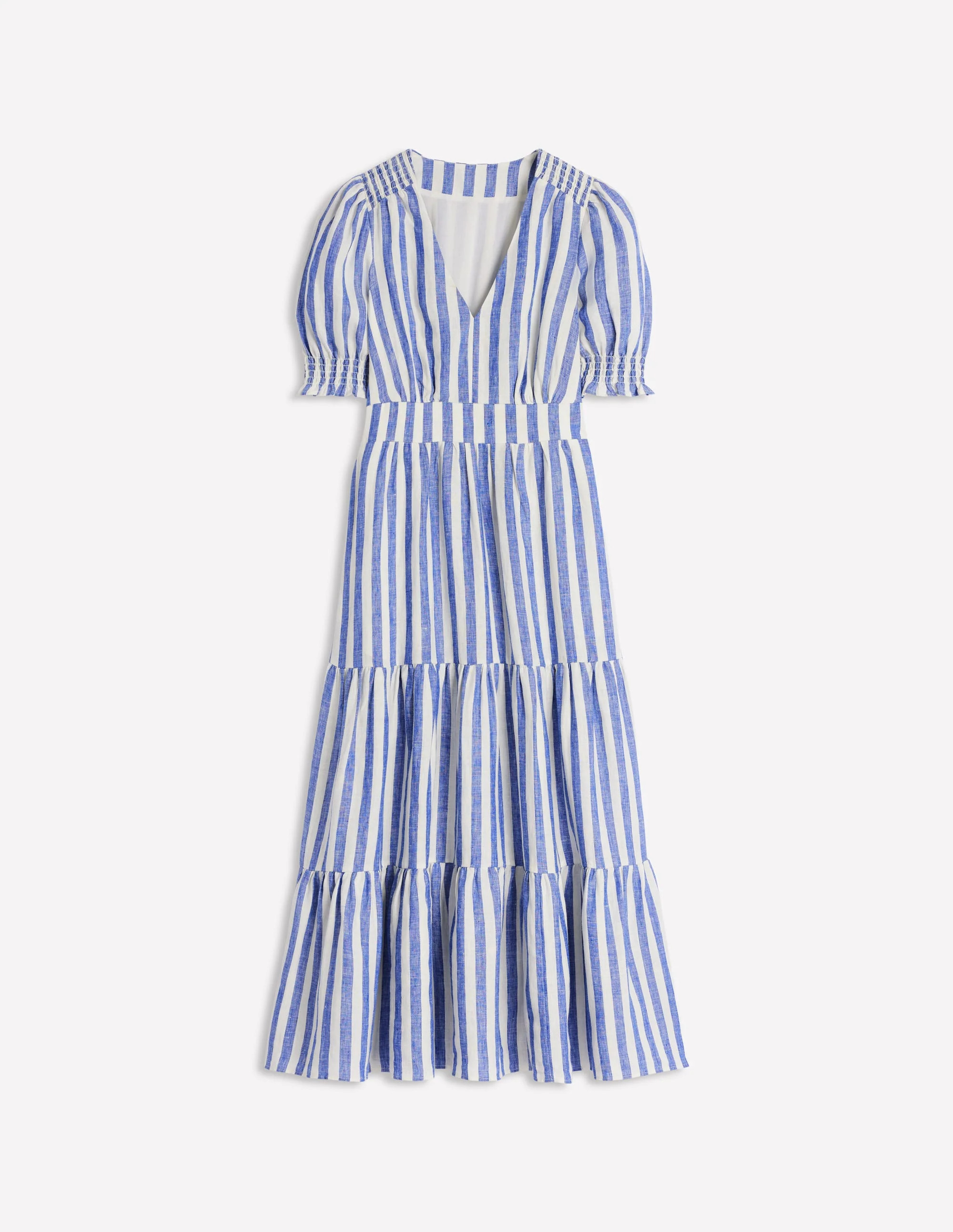Anna Linen Tiered Midi Dress-Bright Blue Stripe | Boden (US)