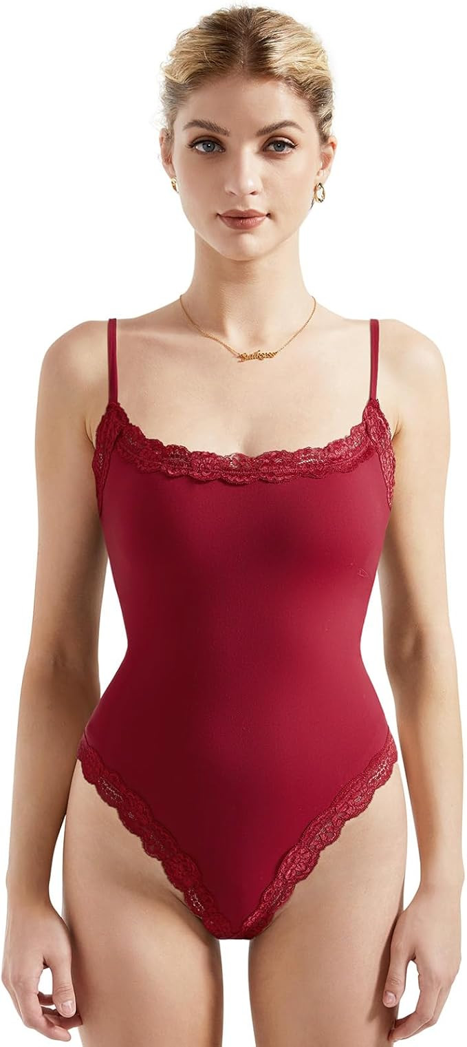 SUUKSESS Women Square Neck Lace Bodysuit Sleeveless Spaghetti Strap Tank Top | Amazon (US)