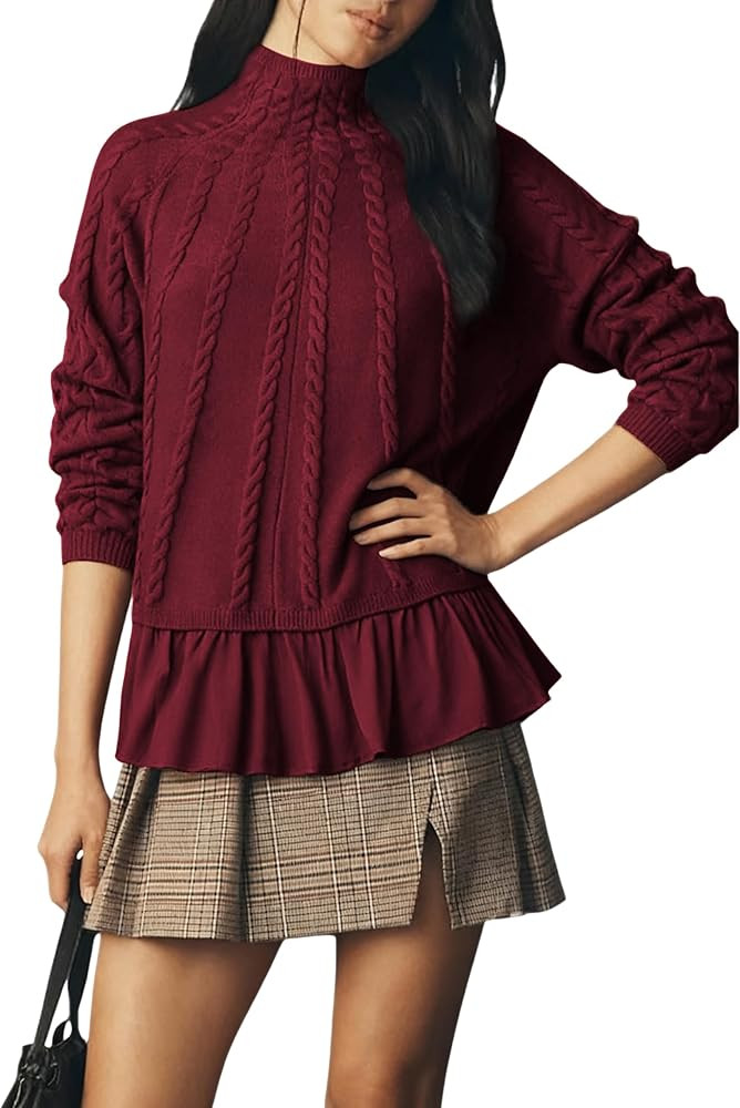 Womens' Turtleneck Long Sleeve Cable Knit Sweaters Oversized Contrast Ruffle Hem Pullover Top | Amazon (US)