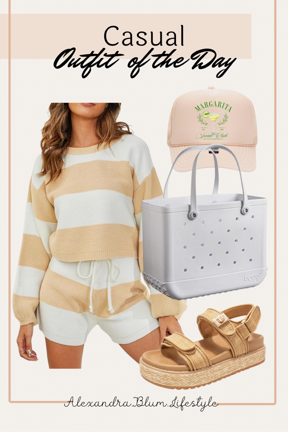 Casual lounge outfit idea from Amazon! Striped matching set, strap sandals, white beach tote bag, and cute trucker hat! 

#LTKFindsUnder50 #LTKSwim #LTKSeasonal