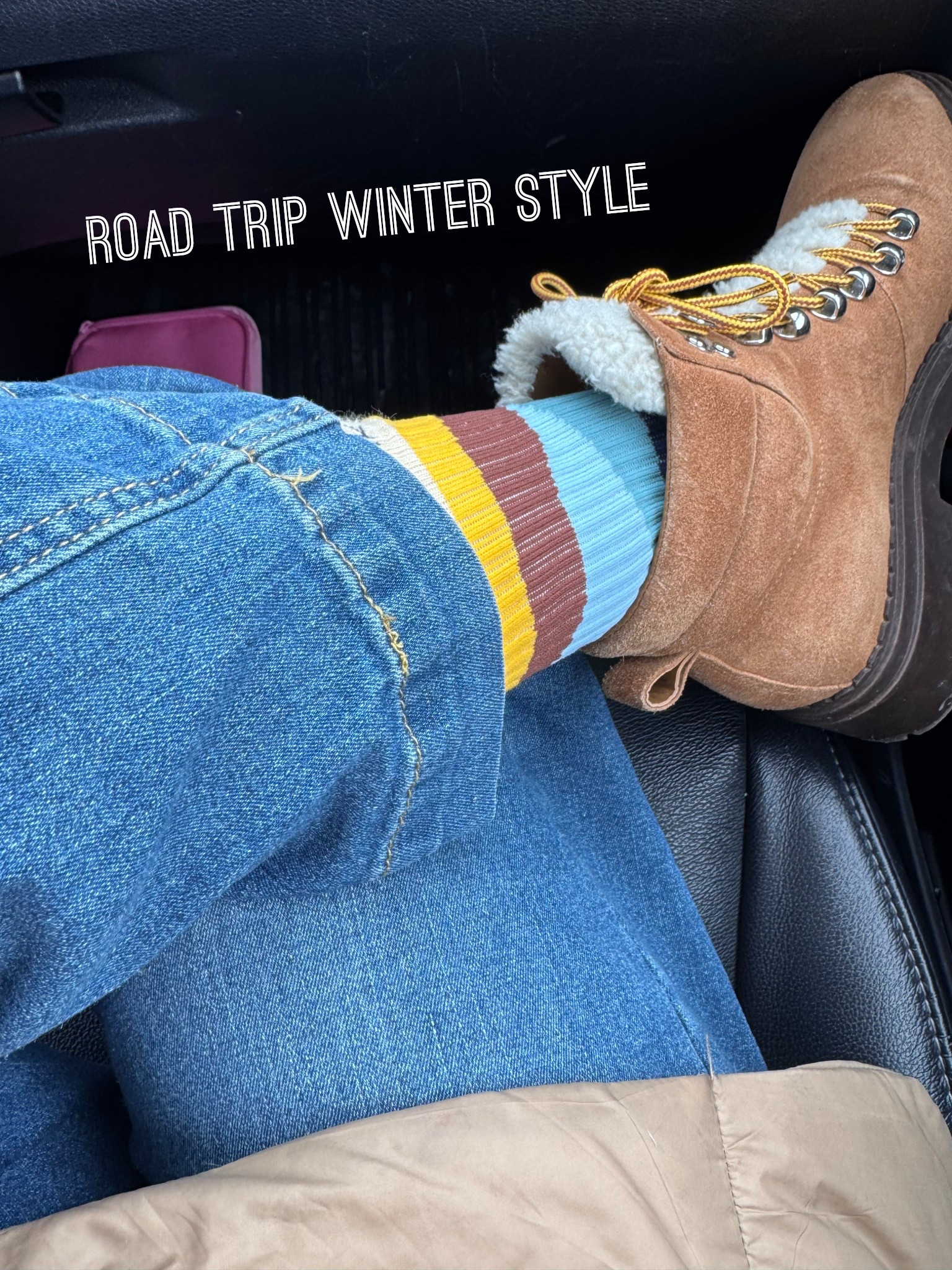 What I wore for a winter road trip 🚙  Warm boots and wool socks, loose and comfy jeans, sweatshirt and Ralph Lauren coat. 🧥 

#LTKTravel #LTKSeasonal #LTKOver40