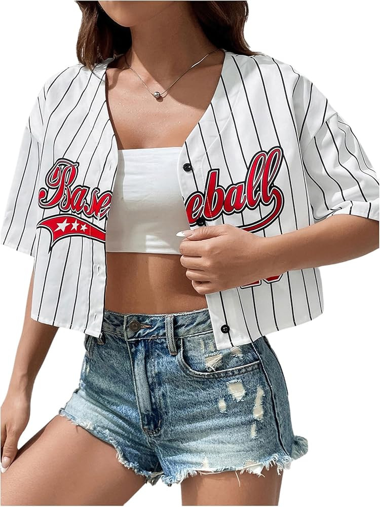WDIRARA Women's Graphic Printed Short Sleeve Crop Top Drop Shoulder V Neck Button Front Baseball ... | Amazon (US)