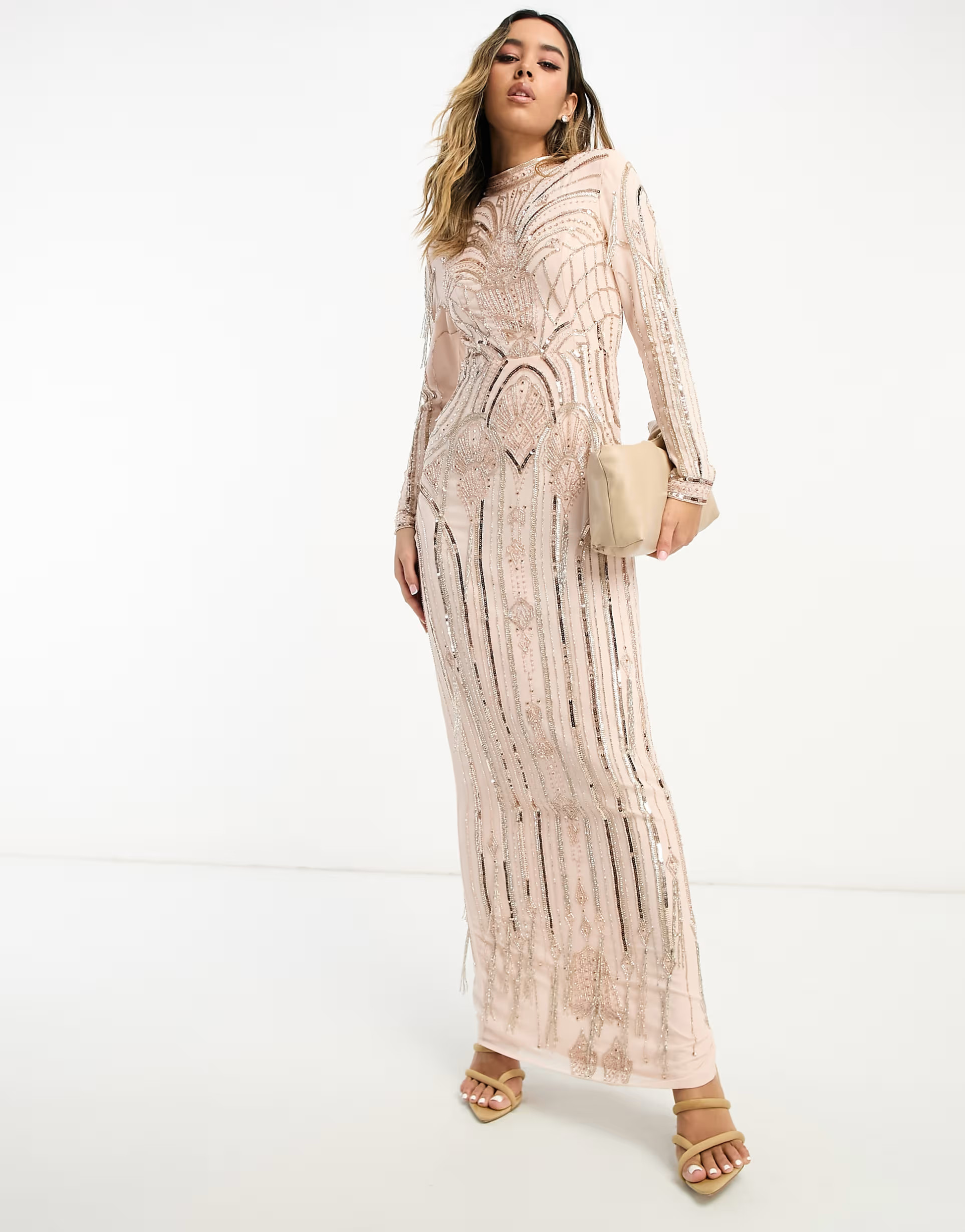 ASOS DESIGN maxi dress with art nouveau embellishment in pink | ASOS (Global)
