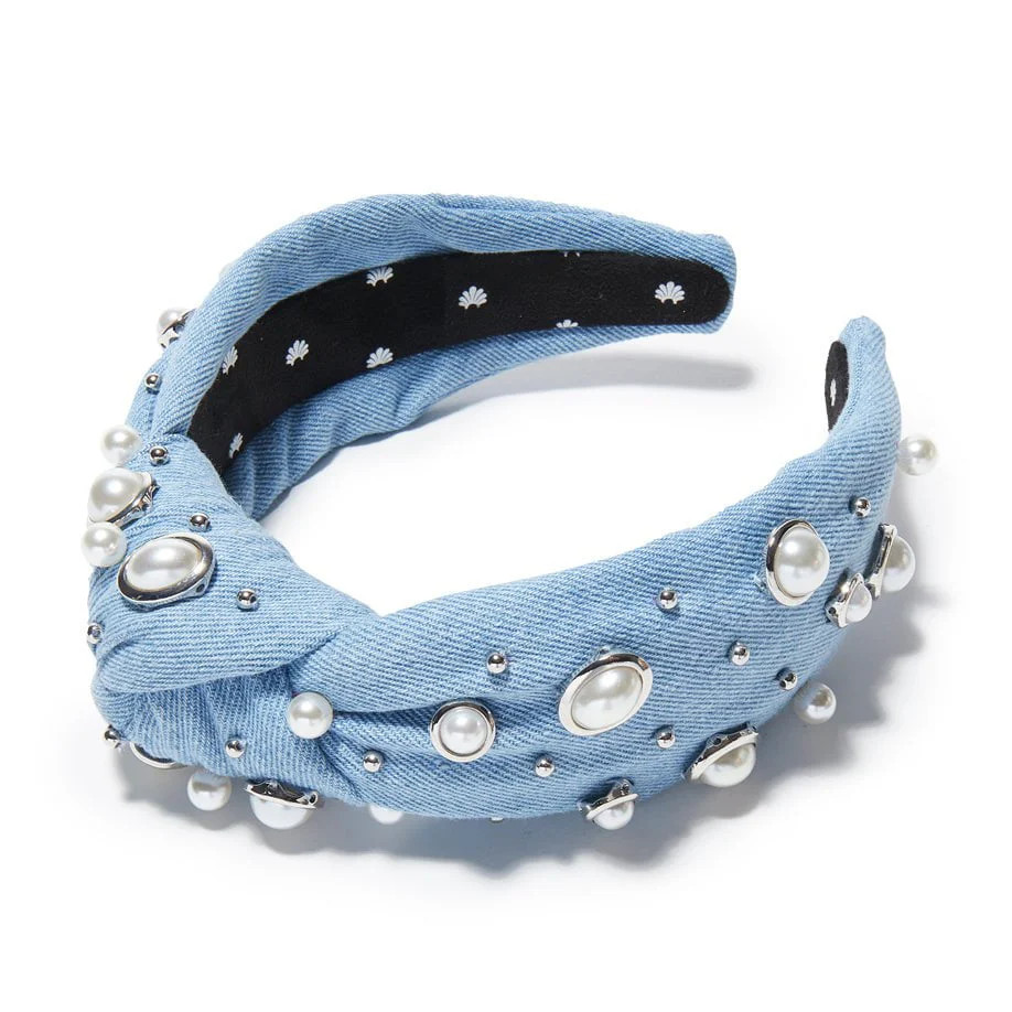 LIGHT DENIM PEARL BEZEL KNOTTED HEADBAND | LELE SADOUGHI