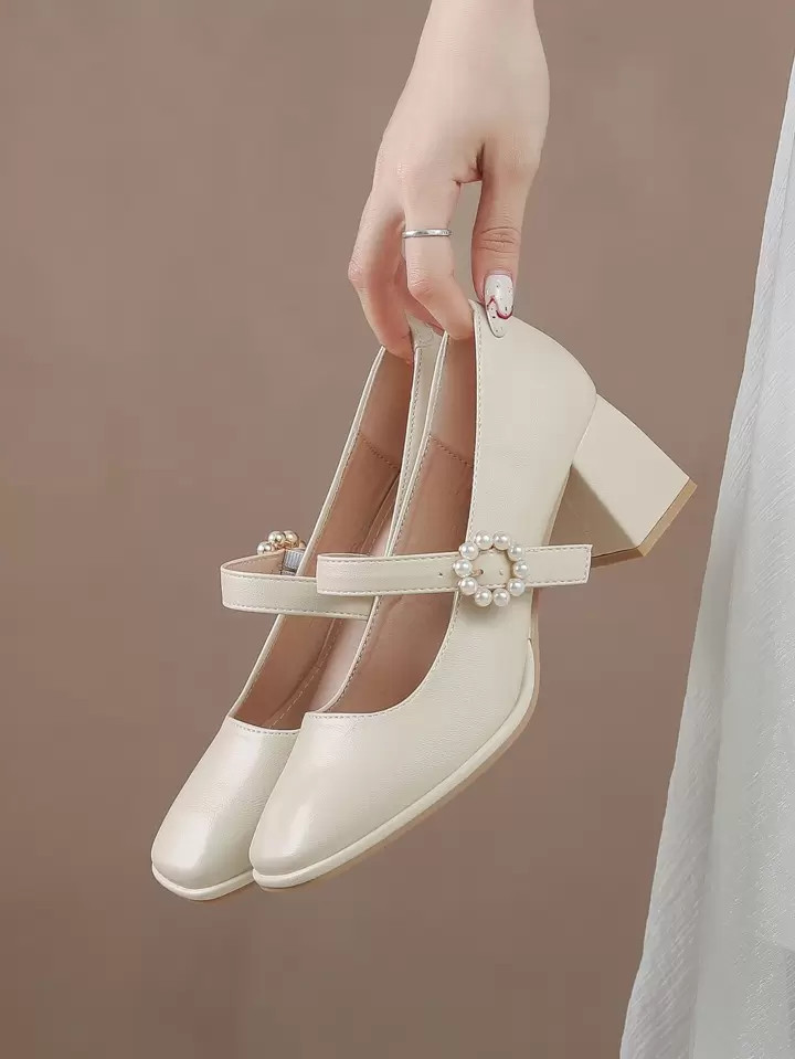 Women's High Heel Mule Shoes, Beige Chunky Heel Square Toe Mary Janes With Pearl Strap, Casual Slip On Pumps | SHEIN
