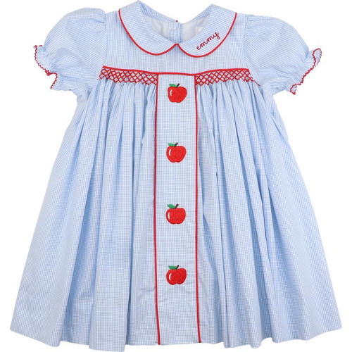 Blue Gingham Smocked Embroidered Apple Dress | Cecil and Lou