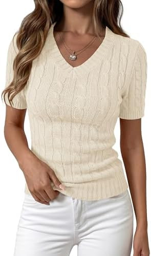 PRETTYGARDEN Womens Summer Short Sleeve Sweater Cable Knit V Neck Sweaters Shirts Fitted Work Top... | Amazon (US)