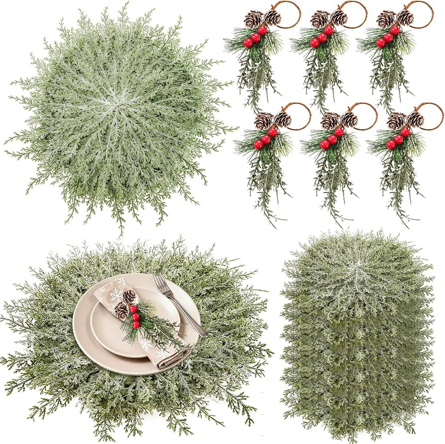 6 Set Christmas Table Placement Including Napkin Ring, 20 Inch Large Artificial Greenery Placemat... | Amazon (US)