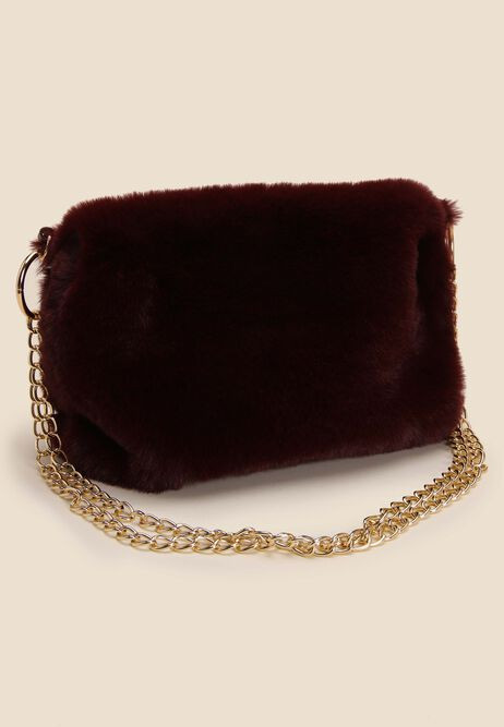 Womens Burgundy Faux Fur Fluffy Shoulder Bag | Peacocks