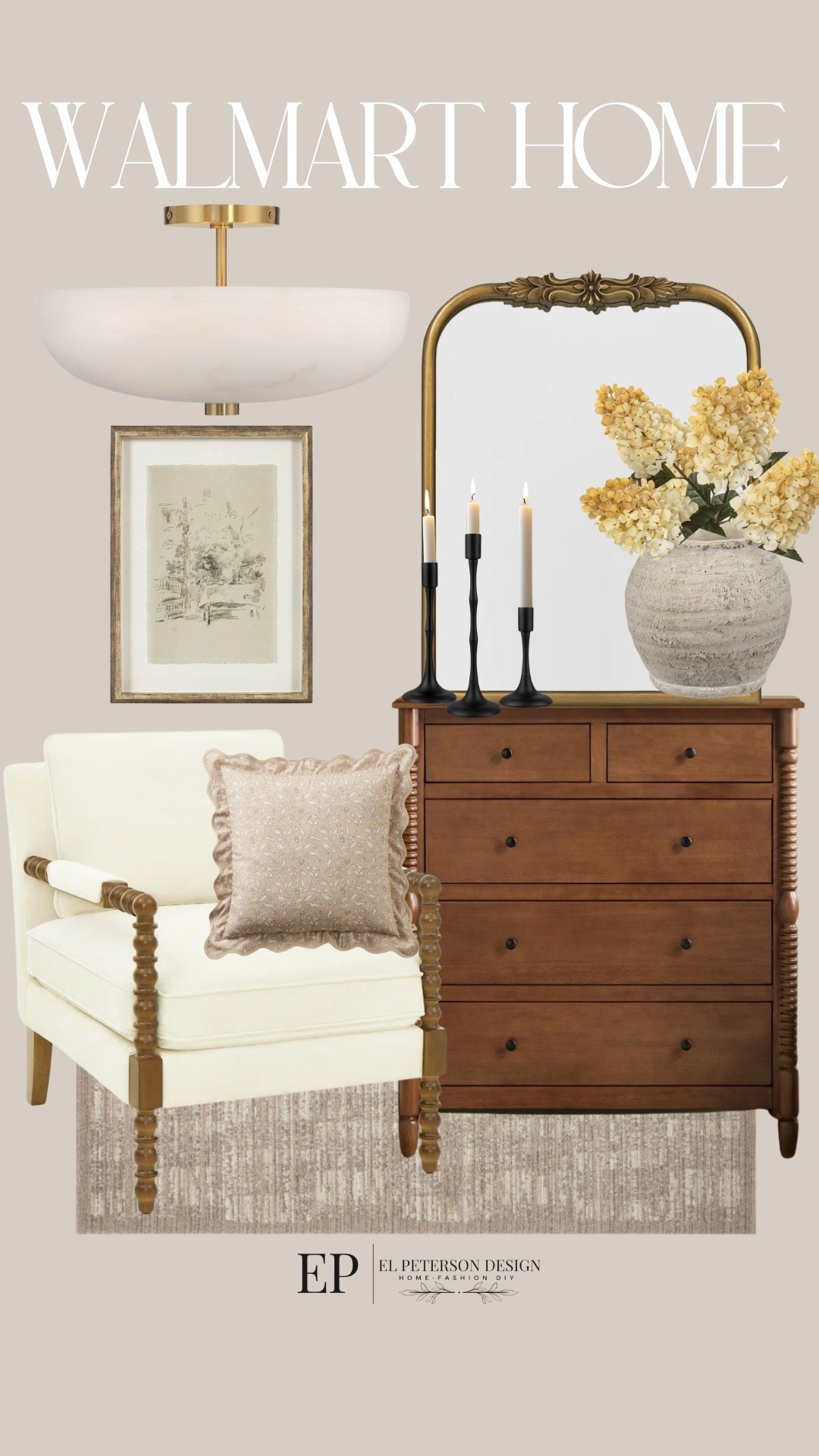 Walmart Home
Vase
Dresser
Stem
Vase
Candle holder
Scent chair 
Pillow
Artwork
Lighting
Area rug 

#LTKHome