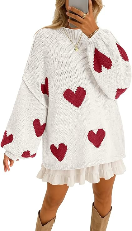 Saodimallsu Womens Oversized Heart Sweater Valentines Cute Mock Neck Chunky Knit Long Sleeve Tuni... | Amazon (US)