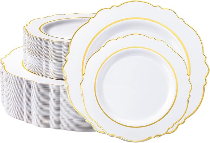 100 Pcs Baroque Plastic Plate Set - Elegant White with Gold Trim Vintage Disposable Dinnerware fo... | Amazon (US)