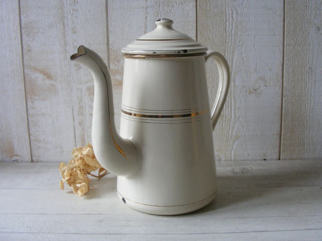 Vintage Enameled Coffee Pot. White With Golden - Etsy | Etsy (US)
