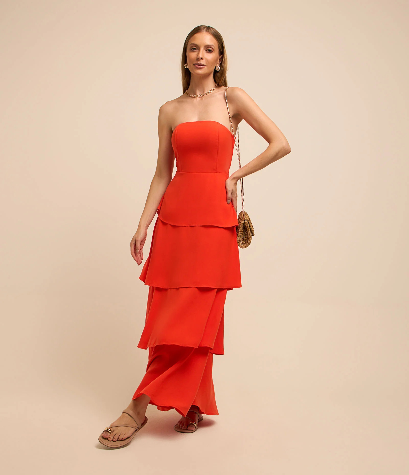 Vestido Longo Tomara Que Caia em Crepe com Sobreposições Laranja - Lojas Renner | Renner (BR)