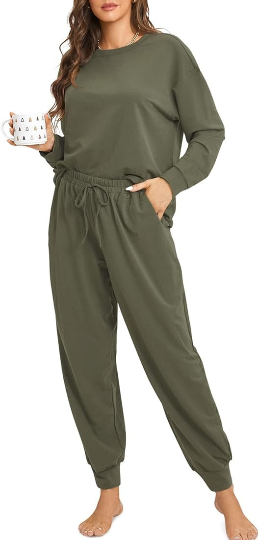 DOBREVA Women's Pajamas Set Soft Comfy Cotton Pj Lounge Sets Long Sleeve Top and Pants Pjs Loungewear 2 Piece | Amazon (US)