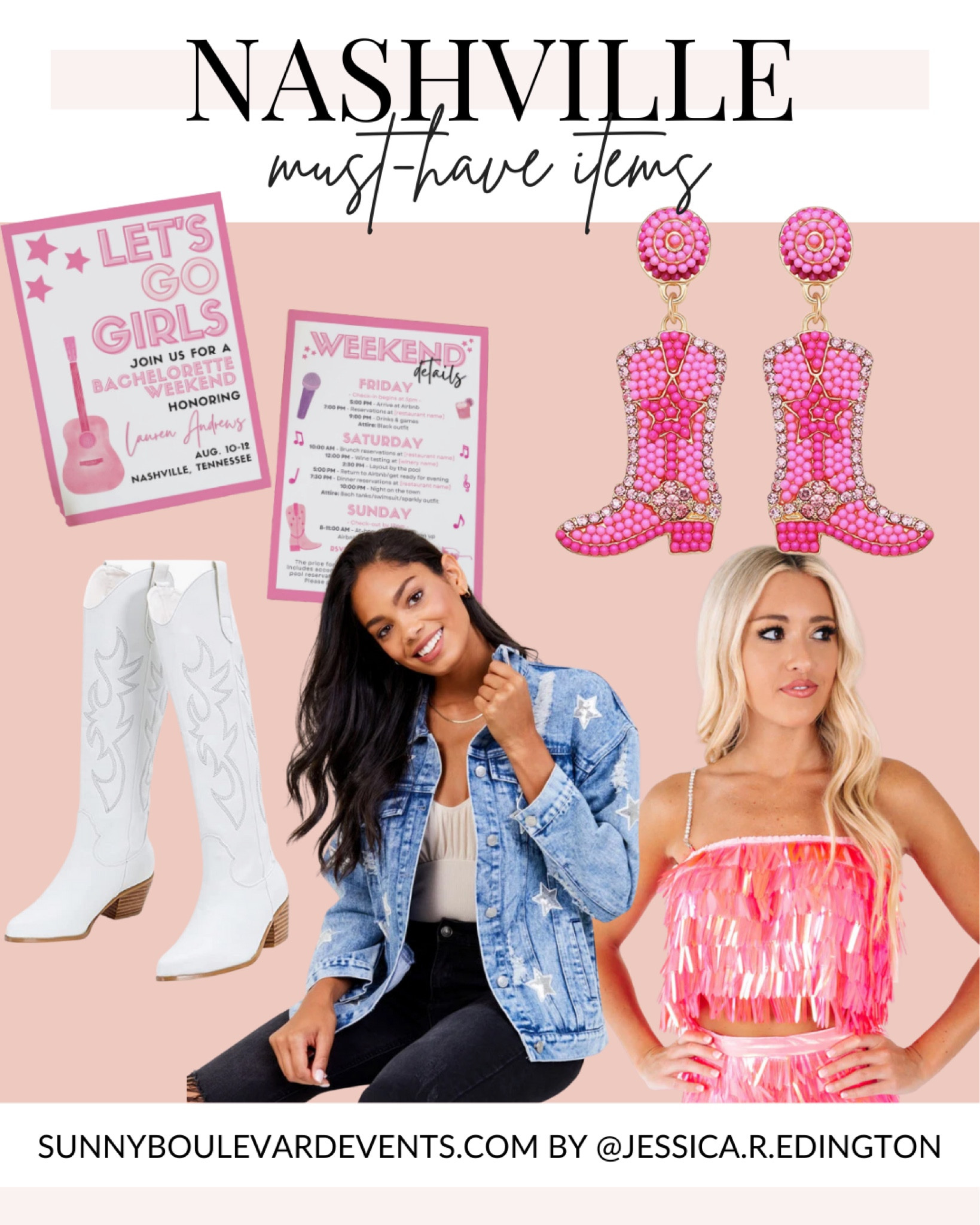 Planning a pink retro cowgirl bachelorette party in Nashville? Check out these must-have bach party items that are perfect for a Space Cowgirl theme bachelorette party or Disco Cowgirl bachelorette. Whether you are planning a cowgirl theme bachelorette party to Nashville (also known as Last Bash in Nash), Austin Texas, or any other Western-themed bachelorette destination, these pink and retro cowgirl theme party items are perfect for your "Let's Go Girls" party.

Nashville, Austin, Last Rodeo, Last Disco, Space Cowgirl, Retro Cowgirl, Disco Cowgirl, pink western, cowgirl boots, cowgirl hat, metallic cowgirl boots, sparkly cowgirl boots, unique western outfits, sparkly cowgirl, sequin cowgirl, rhinestone cowgirl, star pants, cowgirl jeans, cowgirl pants, fun cowgirl outfits for Nash, star denim jacket, pink sparkly fringe shirt, white cowgirl boots, pink western earrings, Nashville invitation

#LTKunder100 #LTKwedding #LTKunder50