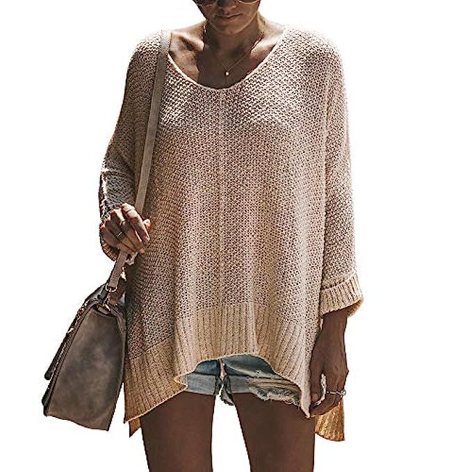 Exlura Women's Off Shoulder Casual V Neck Sheer Loose Oversized Pullover Sweater High Low Knitted Ju | Amazon (US)